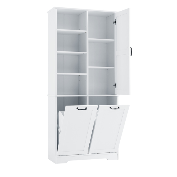 Bathroom Storage Cabinet with Doors and Drawers, Tilt-Out Laundry Hamper, Multiple Storage Space, Freestanding Style, Open Shelve, Adjustable Shelf, White