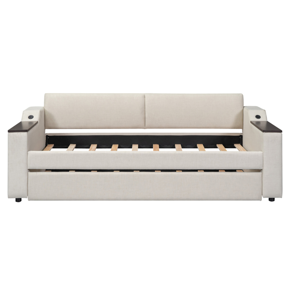 Twin Size Upholstery Daybed with Storage Arms, Trundle and USB Design, Beige(Old SKU:GX000547AAA)