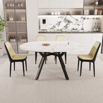 47-63\\" expandable circular dining tables , equipped with 4 PU fabric thick cushioned dining chairs and an elegant and spacious dining table, kitchen table and chair, with black metal legs 