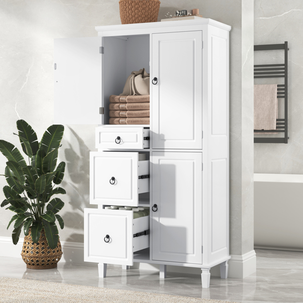 Retro Multi-Functional Storage Cabinet with Adjustable Shelves, 3 Drawers, and 3 Enclosed Compartments – Stylish and Versatile Organizer for Living Room, Kitchen, or Office, White