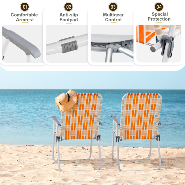 Set of 2 Webbed Folding Beach Chairs, Outdoor Patio Lawn Foldable Chairs for Camping Fishing Yard Poolside BBQ, Orange & White