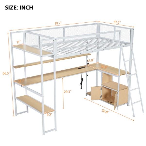 Twin Size Metal Loft Bed with Built-in Work Station, LED and Multiple Storage, White