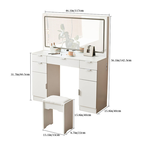 Dressing table set with LED mirror and 3 lighting modes, dressing table with 5 drawers and 2 cabinets, each with metal handles, lighting and chairs, and ample storage space