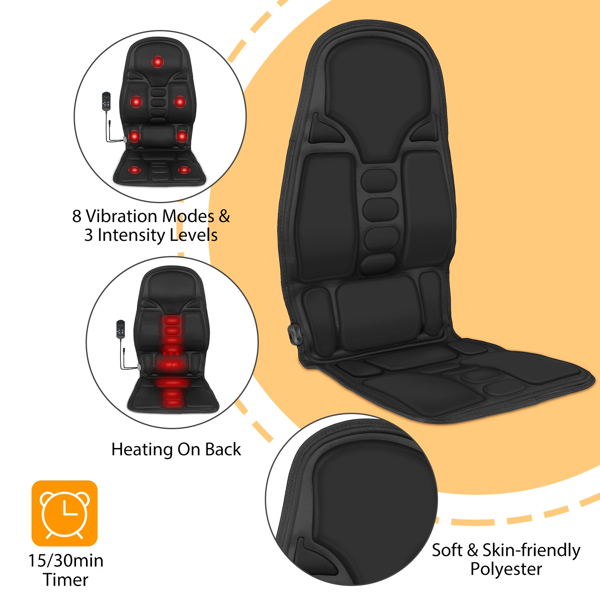 Back Massager Cushion Electric Massage Car Seat Cushion Chair Pad w/ Heating Function 8 Vibration Modes 3 Intensity Levels