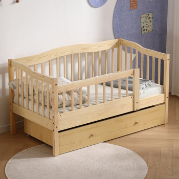 FCH Vertical Fence Wood Painted Pine Toddler Bed with Bottom Drawer and Side Car Bed