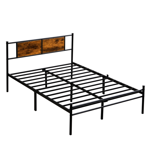 Queen Size metal bedframe,Headboard with wood panel decoration,black