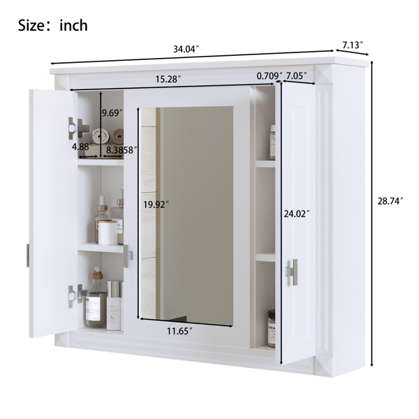 Bathroom Wall Cabinet with Mirror, Wall Mounted Medicine Cabinet with 4 Shelves, Mirrored Door Over Toilet Storage Cabinet, White