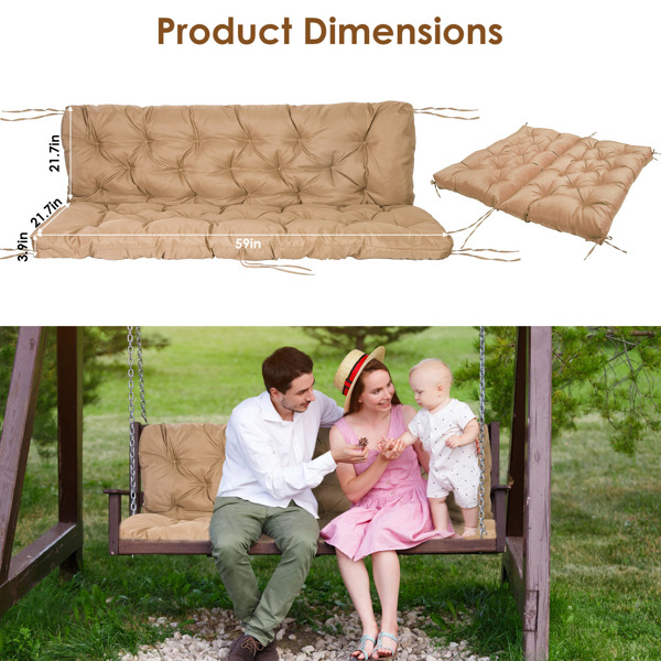 Swing Replacement Seat Cushions, Cushions for Outdoor Furnitur with Backrest, Garden Recliner Waterproof Porch Swing Cushions with Backrest 8 Tie Straps 59x43.3x3.9in for Patio Furniture--Khaki