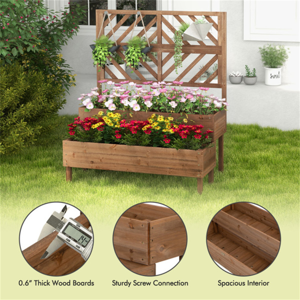 2-Tier Wooden Elevated Planter Box wwith Trellis