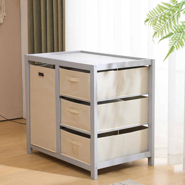 FCH Wooden Frame Removable Top Gray Painted Pine Children's Cot with 3 Fabric Drawers + 1 Fabric Bag