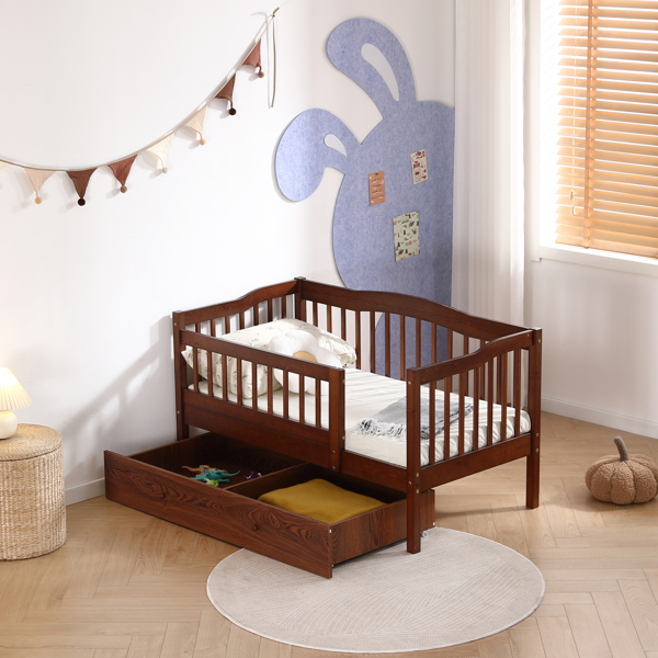 FCH Vertical Fence Brown Painted Pine Toddler Bed with Bottom Drawer and Side Car Bed