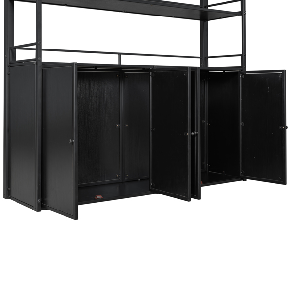 Full Size Metal Loft Bed with Storage Staircase and Wardrobe,Shelves and Lockers,Black