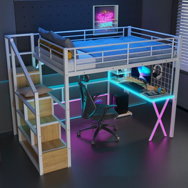 Full Size Metal Loft Bed with Built-in Work Station, Wardrobe, Storage Staircase and LED, White