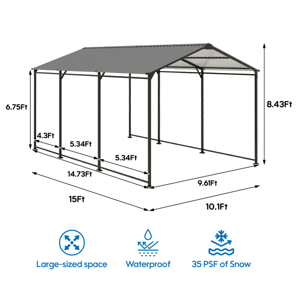 Metal Carport 10 ×15 FT Heavy Duty with Galvanized Steel Roof, Metal Garage Canopy with Galvanized Steel Roof & Frame, Car Tent Outdoor Storage Shed for Car, Boats and Truck, Gray 