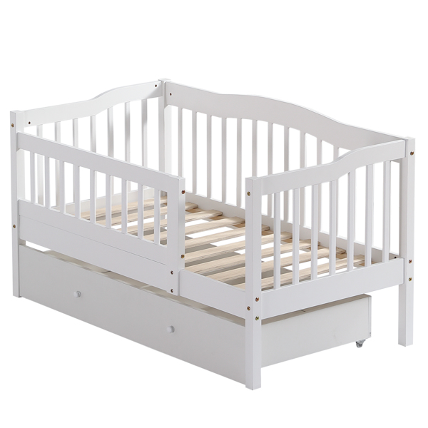 FCH Vertical Fence White Painted Pine Toddler Bed with Bottom Drawer and Side Car Bed