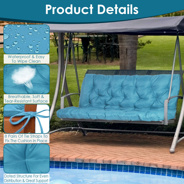 Swing Replacement Seat Cushions, Cushions for Outdoor Furnitur with Backrest, Garden Recliner Waterproof Porch Swing Cushions with Backrest 8 Tie Straps 59x43.3x3.9in for Patio Furniture--LightBlue