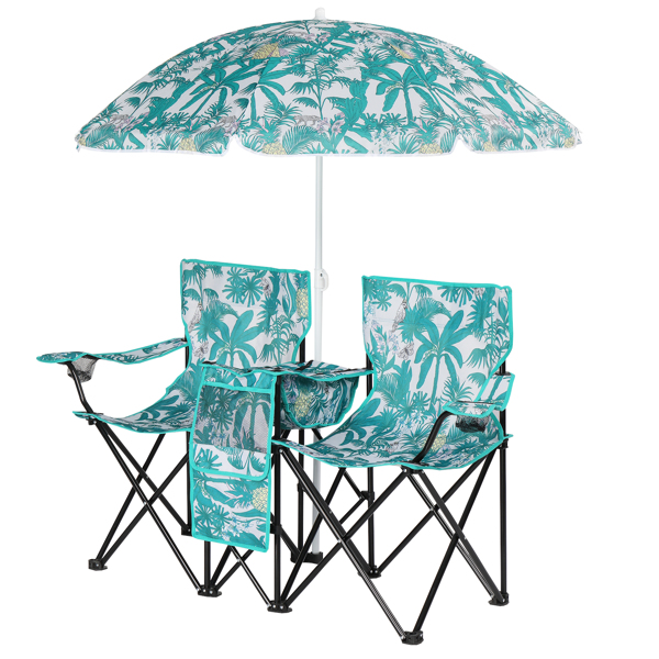 Portable Outdoor 2-Seat Folding Chair with Removable Sun Umbrella Pineapple