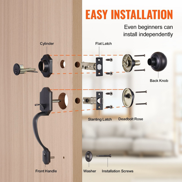 Bronze Front Door Handle and Deadbolt Set with Interior Knob, Adjustable Borehole Distance Single Cylinder Handle Set, Suitable for Right and Left Handed Entries and Front Doors