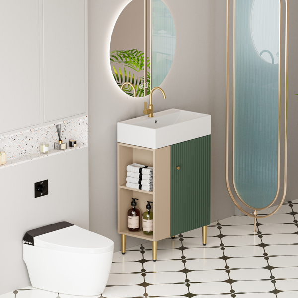 21.6" Open-shelving Bathroom Vanity with Ceramic Sink and Soft-Closing Door, Cloakroom Open Shelf Storage Cabinet on the Left Side, Assembly Required, Green 24VB06-21LVL