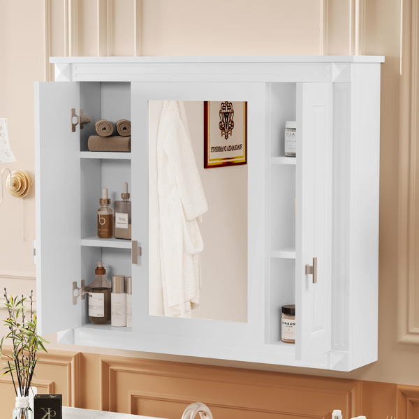 Bathroom Wall Cabinet with Mirror, Wall Mounted Medicine Cabinet with 4 Shelves, Mirrored Door Over Toilet Storage Cabinet, White