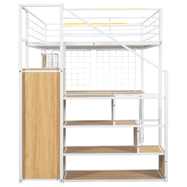 Full Size Metal Loft Bed with Built-in Work Station, Wardrobe, Storage Staircase and LED, White