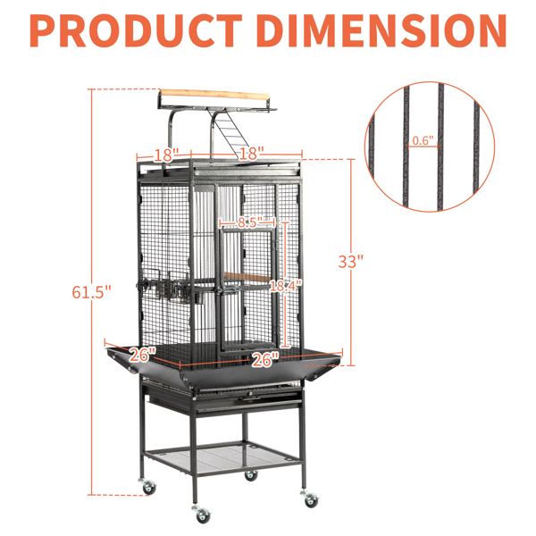 65-inch Wrought Iron Large Rolling Bird Cage with Play Top and Stand for Parrots Lovebird Cockatiel Parakeets, Black