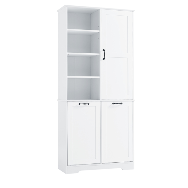 Bathroom Storage Cabinet with Doors and Drawers, Tilt-Out Laundry Hamper, Multiple Storage Space, Freestanding Style, Open Shelve, Adjustable Shelf, White