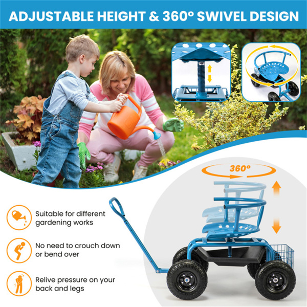 Garden Cart Height Adjustable Scooter with Swivel Seat & Tool Storage Blue