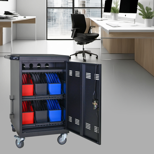 Tablet Laptop 32-bit-Plastic Device Basket Device for Mobile Charging Trolley- Includes Cable Management Dividers, Cable Clips, Storage Compartment, and Removable Doors (Black)
