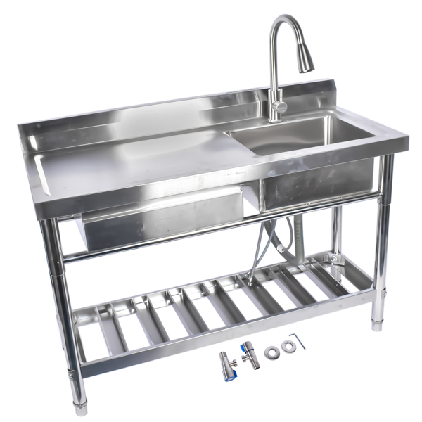 Stainless Steel Kitchen Sink Commercial Freestanding Utility Sink with Drawer and Pull-Out Faucet (47", Right Sink)