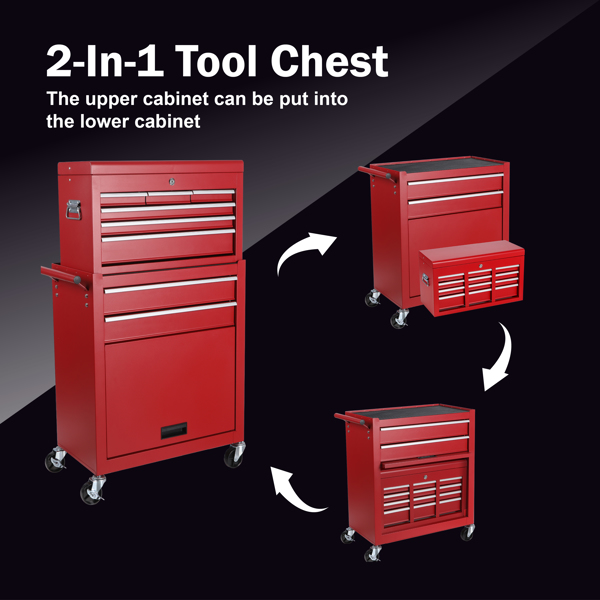 Tool Chest, 8-Drawer Rolling Tool Storage Cabinet with 2 in 1 Detachable Top Tool Box, Liner, Lockable Wheels, Side Hooks,Metal Tool Cart for Garage