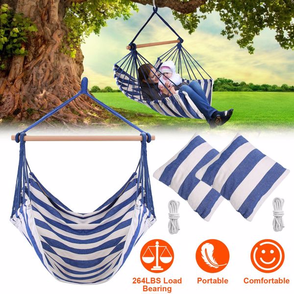 Hammock Hanging Chair Canvas Porch Patio Swing Seat Portable Camping Rope Seat Wooden Stick Hammock Chair with 2 Pillows 265LBS Load-bearing