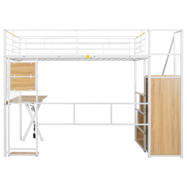 Full Size Metal Loft Bed with Built-in Work Station, Wardrobe, Storage Staircase and LED, White