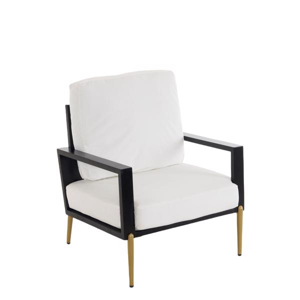 Modern Low Back White Upholstered Accent Armchair with Gold Metal Legs & Rubberwood Frame, Chic Wide Armrest Minimalist Lounge Chair with Pillow Back, Single Sofa Chair for Living Room&Balcony, White