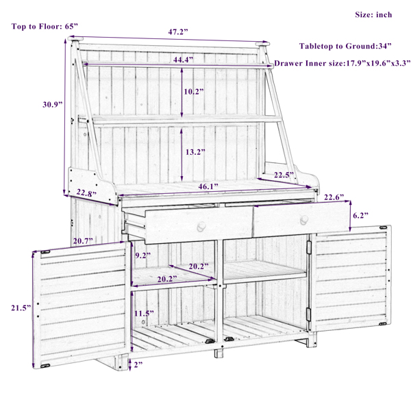 [Assembly Video Provided] 65inch Garden Potting Bench Table, Fir Wood Workstation with Storage Shelf, Drawer and Cabinet, Brown