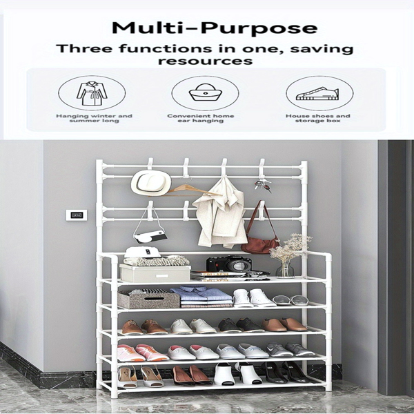 5-Tier Multi-Functional Shoe Rack & Coat Stand – Freestanding Entryway Organizer for Shoes, Boots, Hats & Coats, Fits 10-15 Pairs, Ideal for Bedrooms, Hallways & Dorms