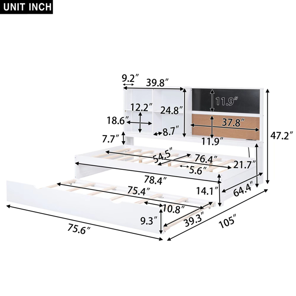 Full Size Daybed with Storage Shelves, Blackboard, Cork board, USB Ports and Twin Size Trundle, White