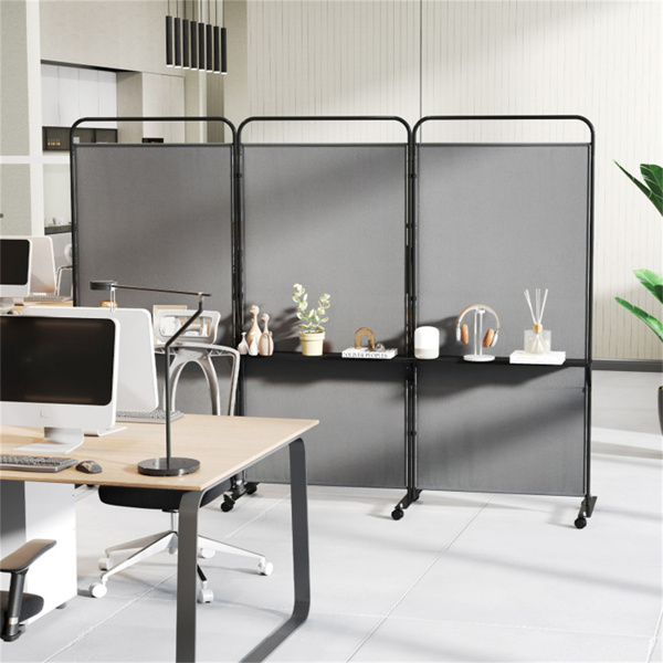 3-Panel Folding Divider with Lockable Wheels and 3 Metal Shelves Grey