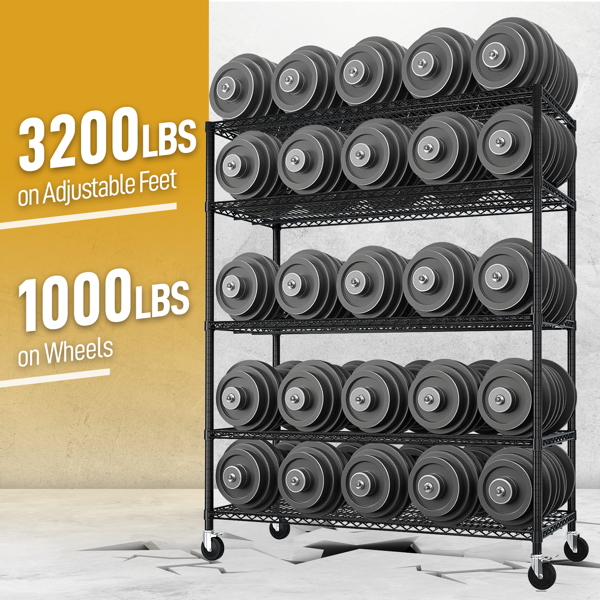 Heavy Duty Storage Shelves  55.12" W  Wire Shelving Unit with Wheels 3200LBS  NSF Metal Shelves for Storage Adjustable Garage Storage Rack Pantry Shelf Commercial Shelving, 75.59" H X 55.12''W X 23.62