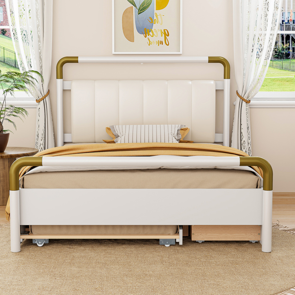 Queen Size Wooden Storage Platform Bed, with 2 Big Drawers, T-XL Size Trundle, White