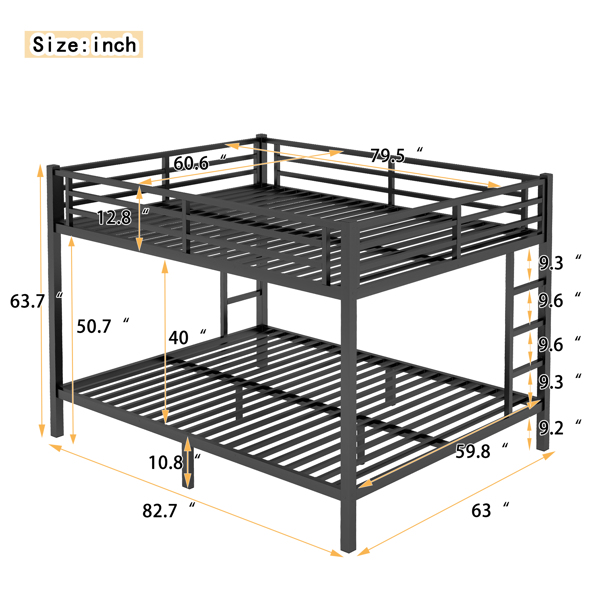 Metal Queen over Queen Bunk Bed for Teens and Adults,Space-Saving/Noise Reduced/No Box Spring Needed, Black