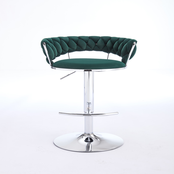 Set of 2 Bar Stools,with Chrome Footrest and Base Swivel Height Adjustable Mechanical Lifting Velvet + Chrome  Leg Simple Bar Stool-GREEN