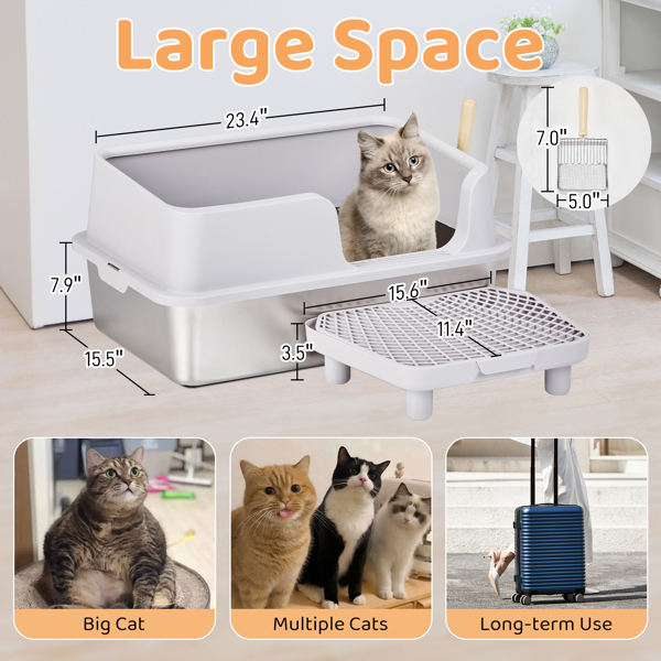 Stainless Steel Cat Litter Box with Lid, Extra Large Litter Pan with High Sides for Big Cats, Kitty Litter Box with Pedal Filter and Scoop, No Odor, Non-Sticky, Anti-Leakage, Easy Cleaning, Gray