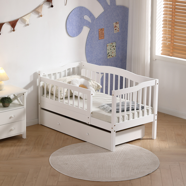 FCH Vertical Fence White Painted Pine Toddler Bed with Bottom Drawer and Side Car Bed