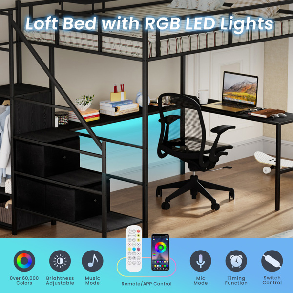 Full Size Metal Loft Bed with L-shaped Desk, LED Lights, Charging Cradle, LED Loft Bed Frame, Full Size Bed with One Cabinet Wardrobe and 2 Fabric Drawers, Safety Rails and Ladder, Black