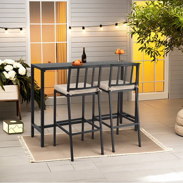 3 Piece Outdoor Patio Bar Set, 55" Rectangular Pub Height High Top Bar Table with 2 Cushioned Bar Stools, Metal Bar Table and Chairs Set for Balcony Backyard Porch