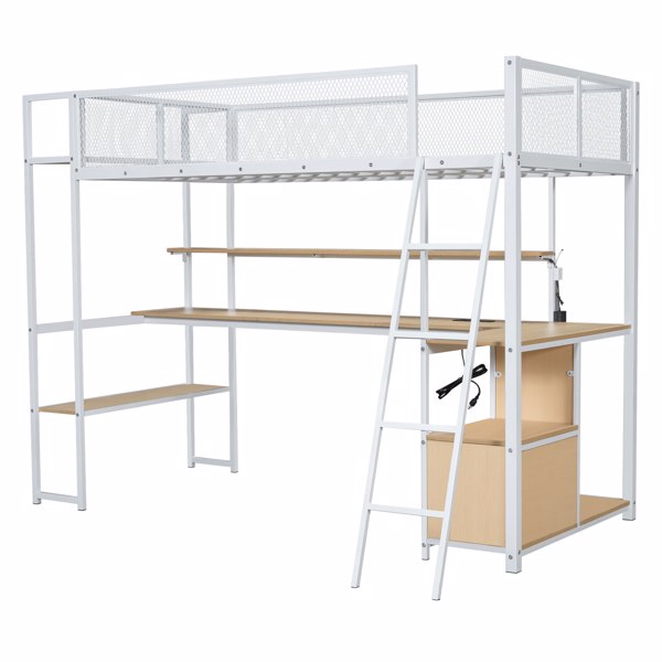 Twin Size Metal Loft Bed with Built-in Work Station, LED and Multiple Storage, White