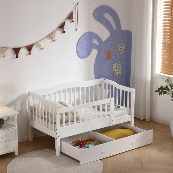 FCH Vertical Fence White Painted Pine Toddler Bed with Bottom Drawer and Side Car Bed