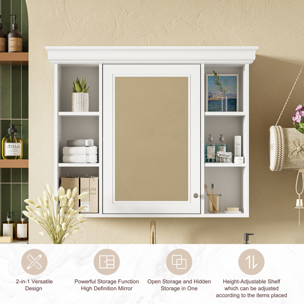 35'' x 28'' White Wall Mounted Bathroom Storage Cabinet with Mirror Door, Modern Bathroom Wall Cabinet with Mirror, Medicine Cabinet with 6 Open Shelves