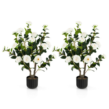 2 PCS 38 Inch Artificial Camellia Tree Faux Flower Plant in Cement White